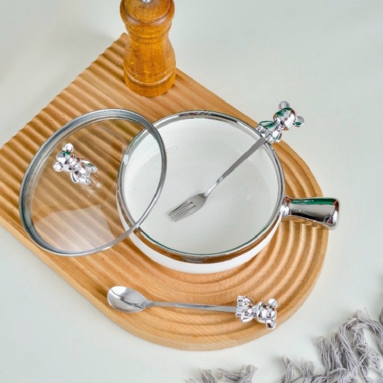 Bát Sứ Có Tay Cầm Có Nắp Đậy Hình Gấu Decor Thố Tròn Phong Cách Bắc Âu, Tô Bát Gấu Sứ Có Tay Cầm Decor Kèm Muỗng Nĩa