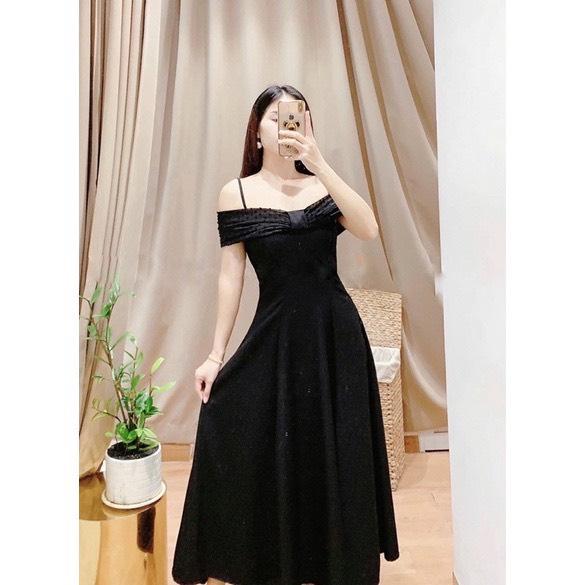 Đầm xòe trễ vai phối voan bi