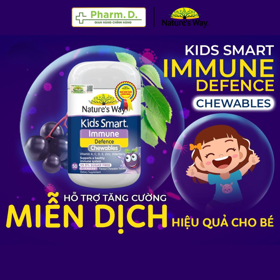 Kẹo Nhai NATURE'S WAY Kids Smart Immune Defence Chewable Giúp Bổ Sung Vitamin Cho Bé (Hộp 50 Viên)