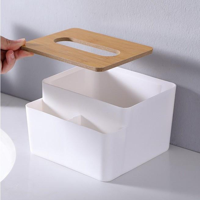 Hộp đựng giấy ăn để bàn bằng nhựa nắp gỗ có ngăn đựng đồ đa năng.