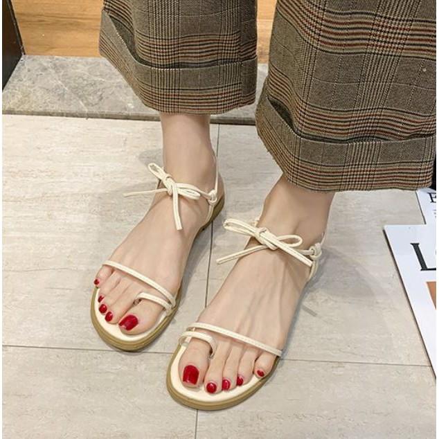 Giày Sandal xỏ ngón nữ quai ngang mảnh da mềm đế bệt lót trần chỉ đi êm chân 2 màu Kem + Đen xinh xắn - Mã S54