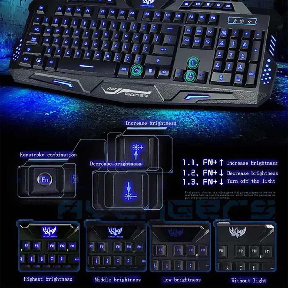 HSXJ V600 English 3 Backlight Wired Gaming Keyboard and Mouse Combo Optical Mice Adjustable DPI 114 Keys