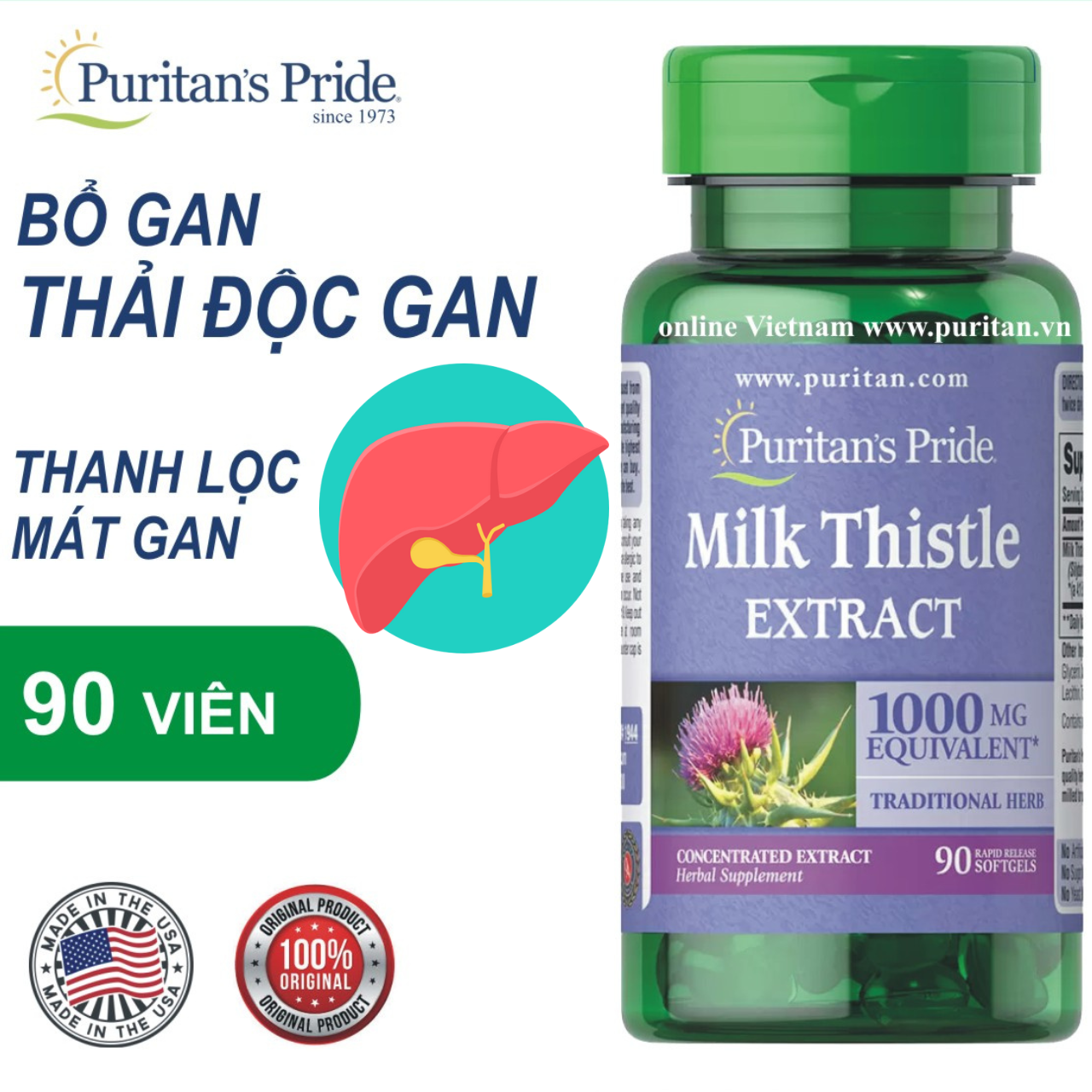 Bổ gan Puritan's Pride Milk Thistle Extract Mỹ hỗ trợ giúp gan khỏe hơn, tăng sức đề kháng, bồi bổ gan, hỗ trợ giải độc gan, giảm mụn - OZ Slim Store