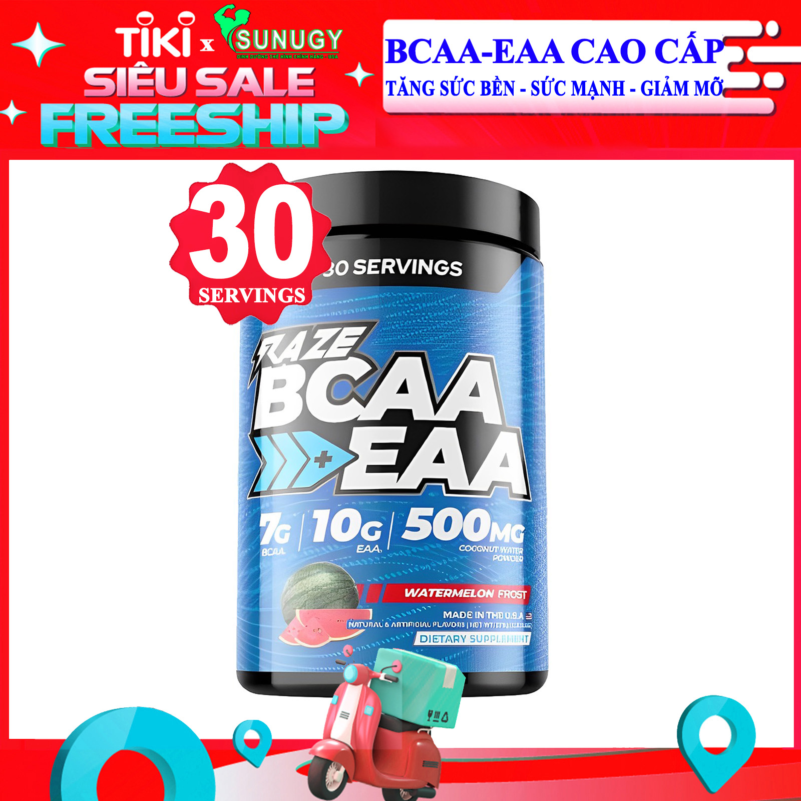 EAA siêu hồi phục RAZE BCAA+EAA hộp 30 serving hỗ trợ tăng sức bền, sức mạnh, đốt mỡ, giảm cân