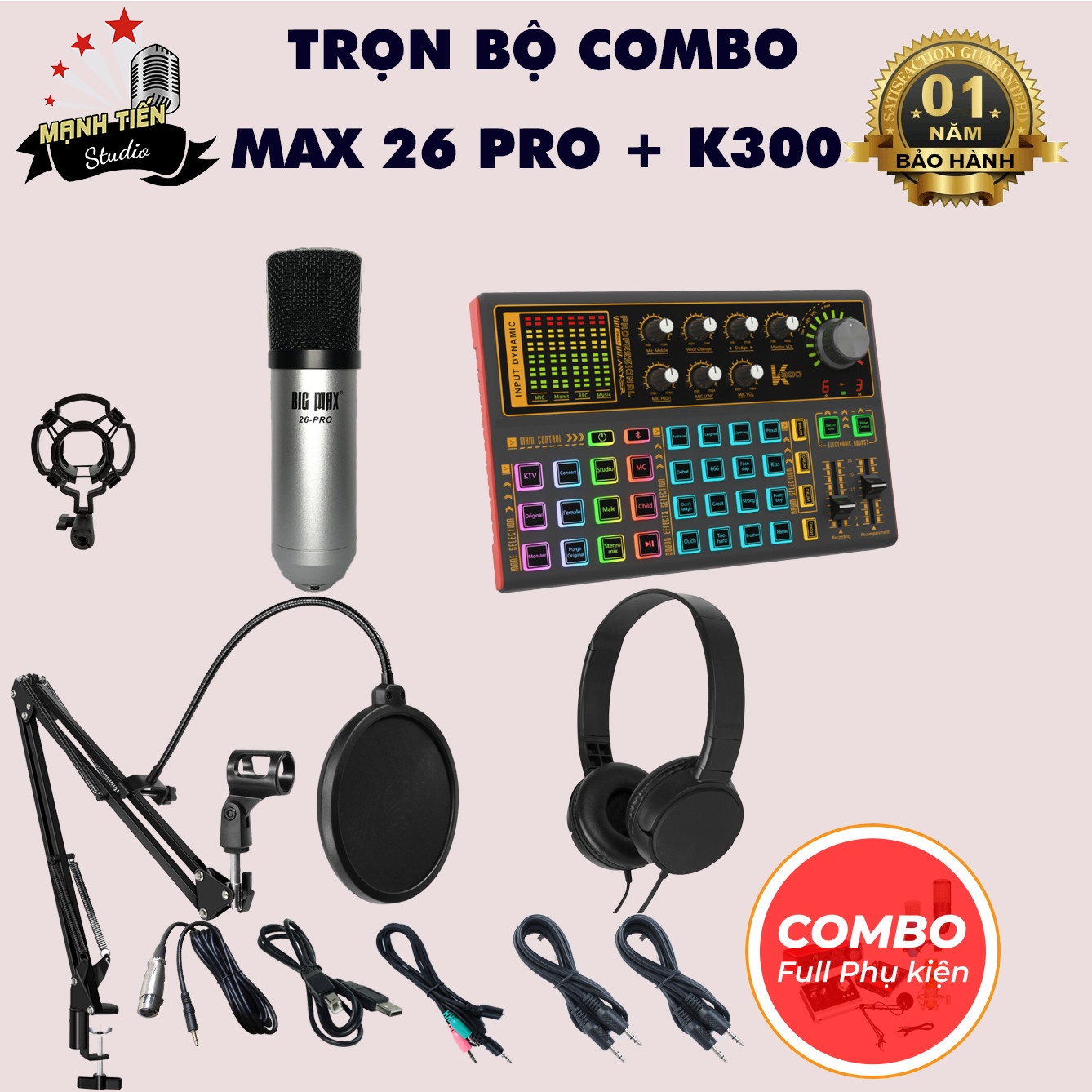 Bộ Combo livestream, thu âm Big Max 26 pro Sound card K300 - Kèm full phụ kiện kẹp micro, màng lọc, dây livestream ma1, tai nghe chụp tai - Thu âm, livestream, karaoke online 3 điện thoại cùng lúc - Giao màu ngẫu nhiên - Hàng nhập khẩu