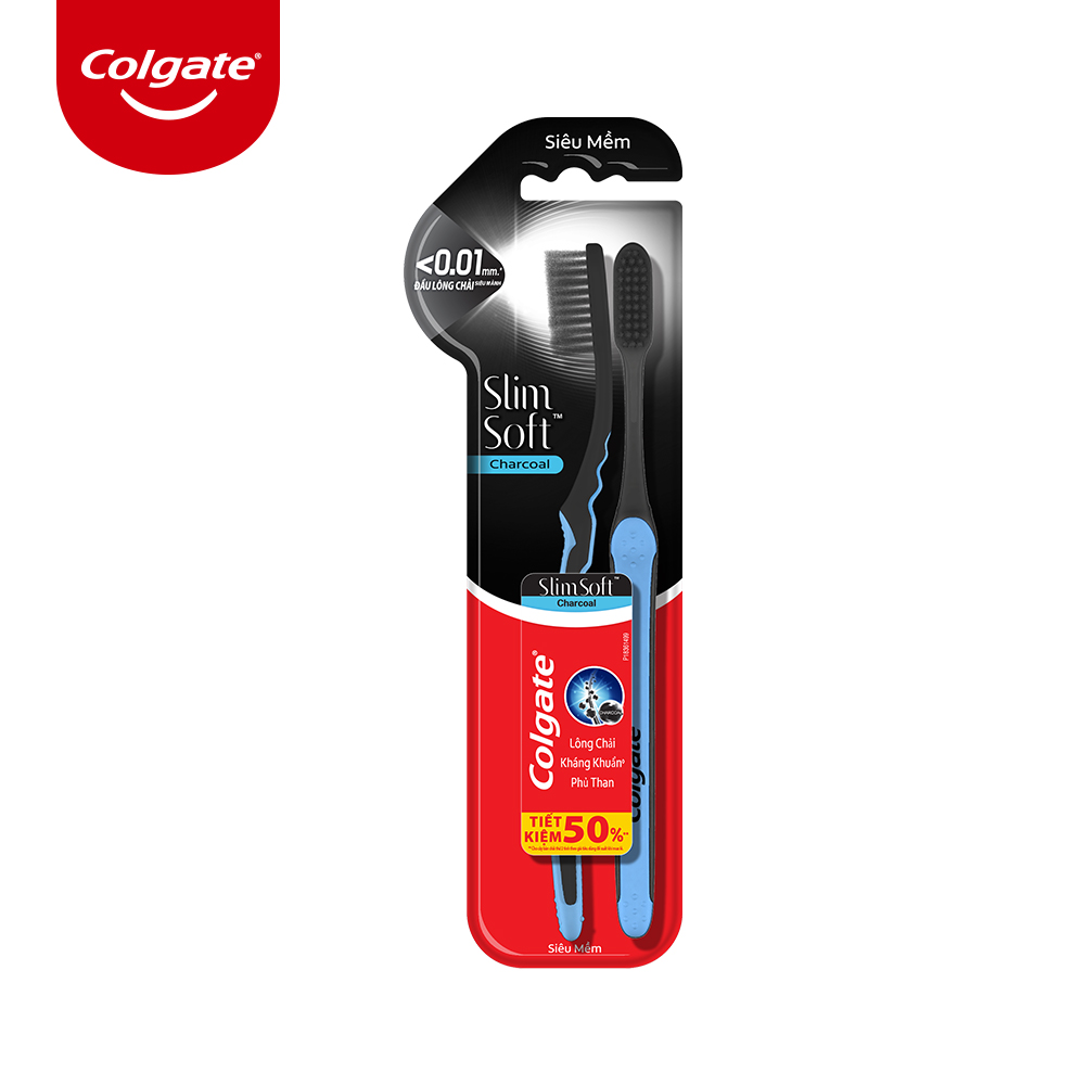 Bộ đôi bàn chải đánh răng Colgate than hoạt tính kháng vi khuẩn SlimSoft Charcoal mềm mảnh