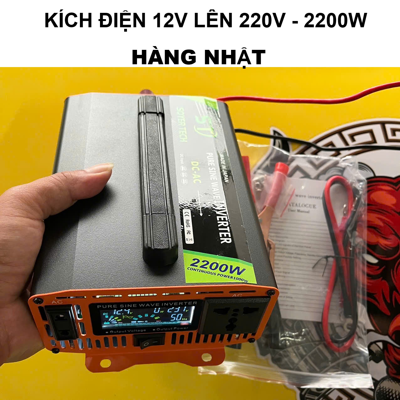 Hàng Nhật - Bộ Kích Điện 12V Lên 220V 2200W Sóng Sin Chuẩn, Màn Hình LED Báo Vôn, Dòng Tải, Nhiệt Độ Cao Cấp