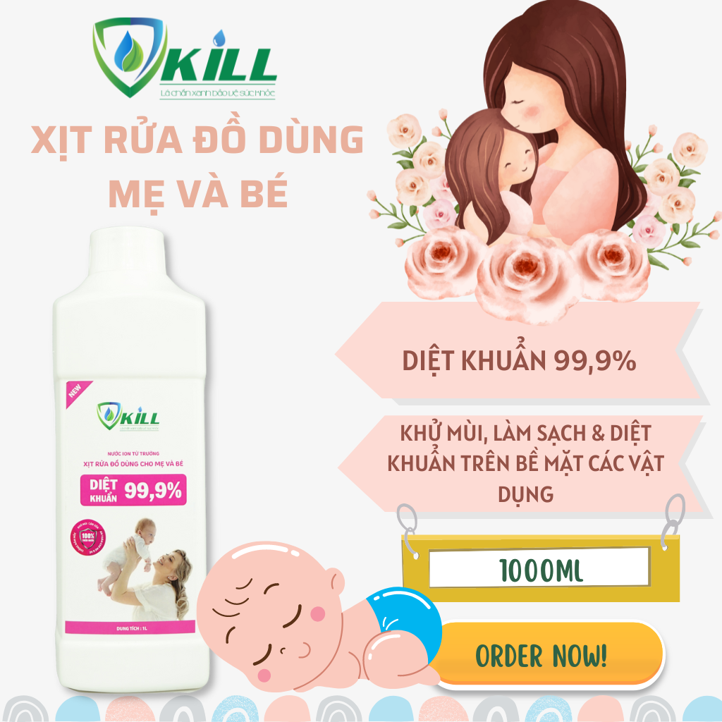 Nước rửa đồ dùng cho mẹ và bé Vkill 1000ml công nghệ Nhật Bản khử khuẩn nhanh, sạch, an toàn với ion từ trường