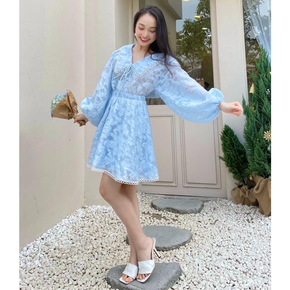 KIOBI - Váy Andrea form mini cơ bản, tùng xòe viền ren, lưng thun dây kéo, vải organza thêu xanh nhạt - KIV2112143X