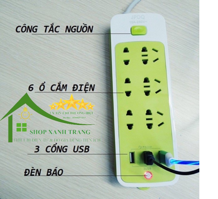 Thiết bị điện thông minh chống giật 6 lỗ cắm kèm cổng sạc USB 5V 2.4A,