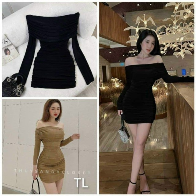 Váy body trễ vai dài tay nhún thời trang XIXO - DAM0057