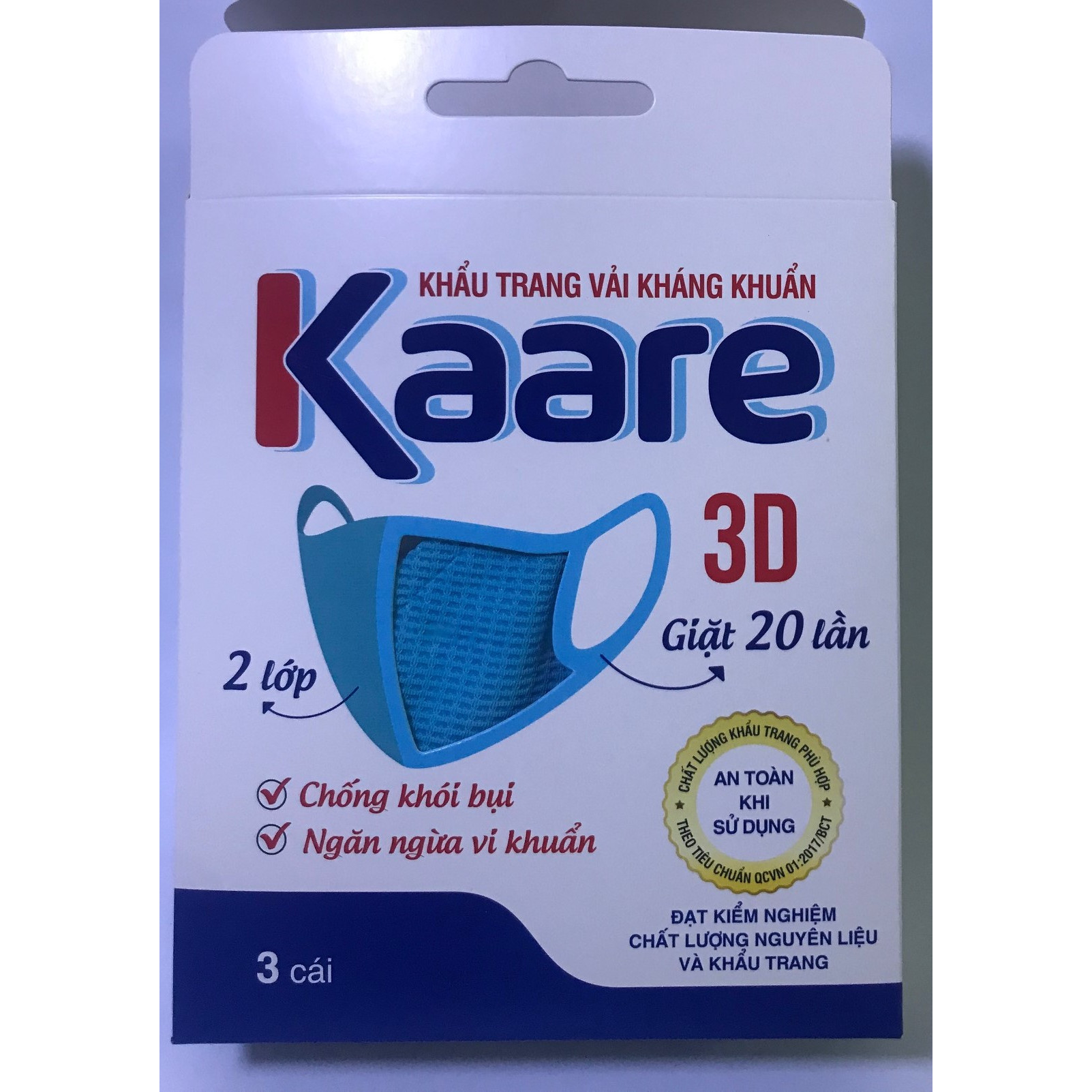 Hộp 3 cái, khầu trang Kaare, kháng khuẩn, có van thở, sử dụng 20 lần