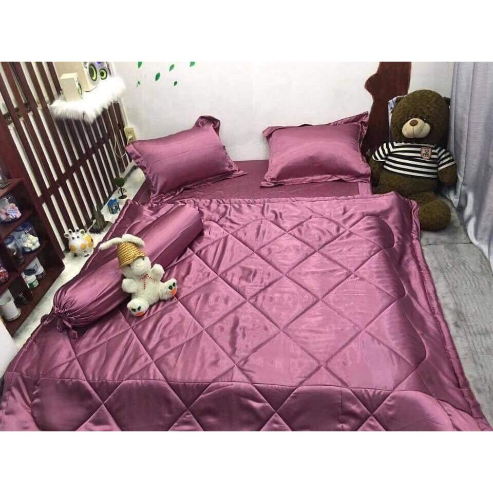Bộ Chăn Trần Bông Ga Gối Phi Lụa 5 Món Cao Cấp Màu Hồng Ruốc