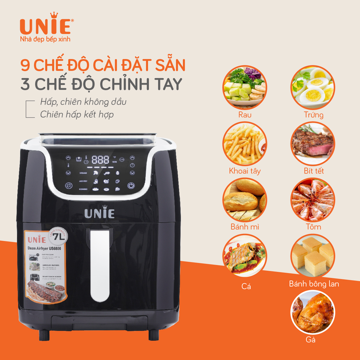 Nồi Chiên Hơi Nước Unie STEAM US6800 Tiêu Chuẩn Đức Công Suất 1700W Dung Tích 7L- Hàng Chính Hãng