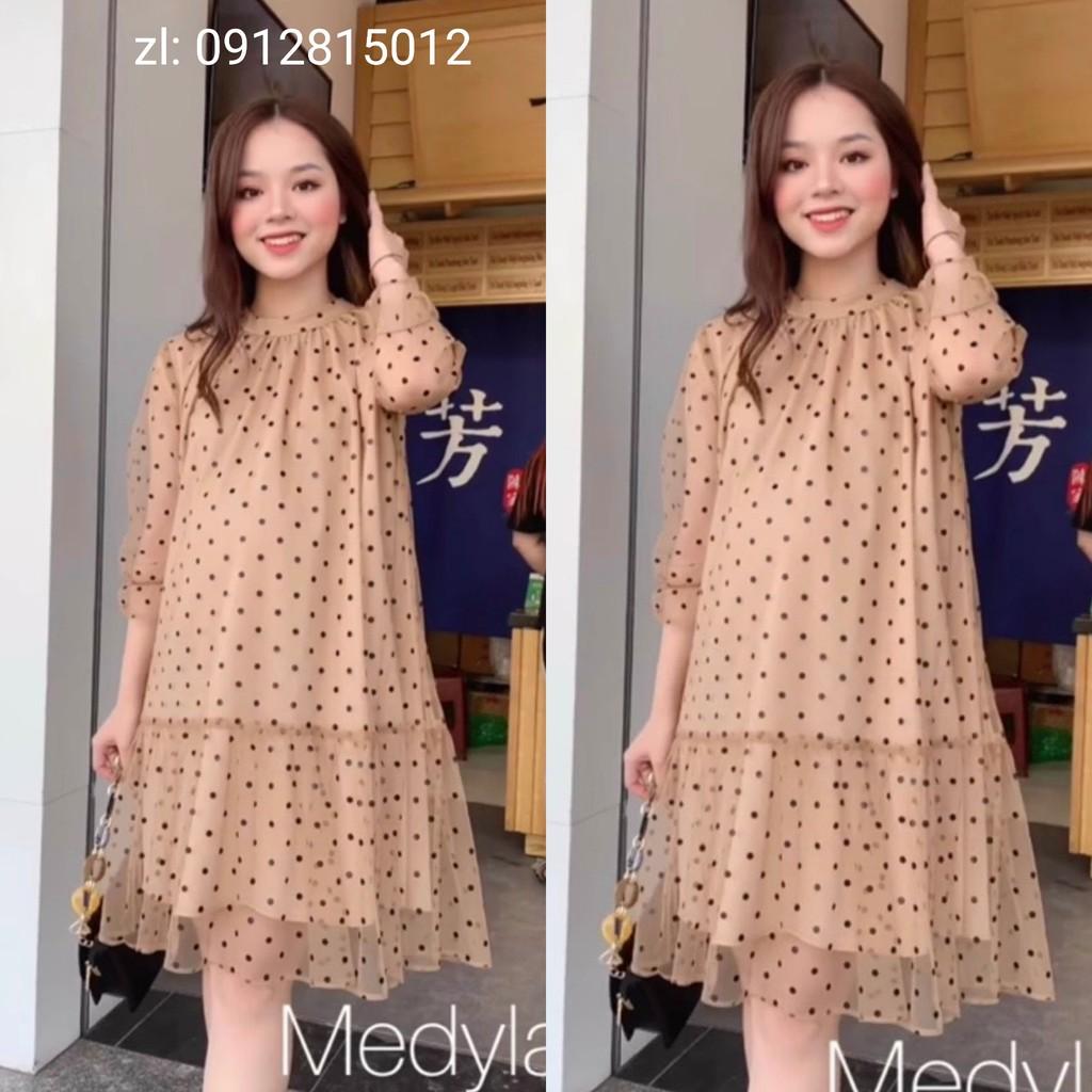 Váy bầu công sở chấm bi - đuôi cá vải  chất mềm mịn