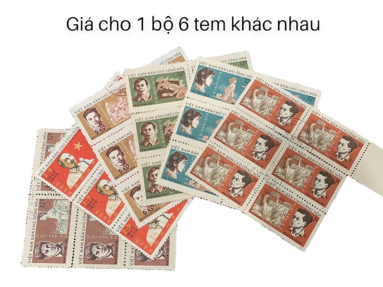 Tem sưu tầm CTO có mộc và sống Việt Nam 1970 Kỷ niệm lần thứ 25 thành lập nước ( 6 tem ) ( tem bác Hồ ) MS 244