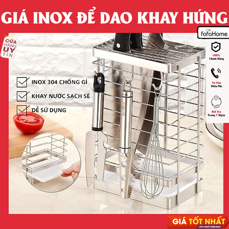 Kệ Đựng Dao Kéo Inox Kèm 3 Móc Treo Và Khay Hứng Nước Chống Rỉ