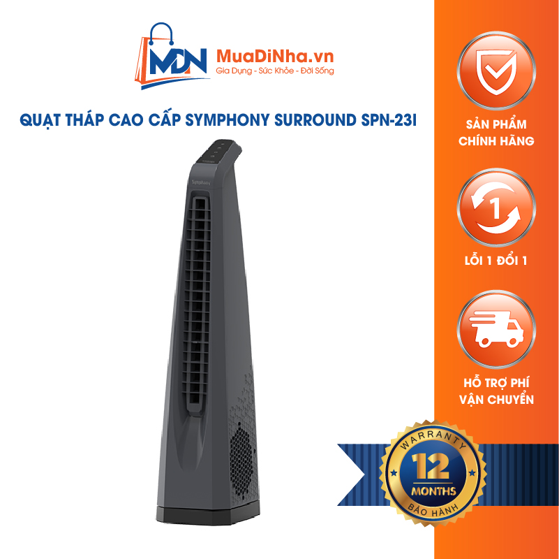 Quạt tháp cao cấp SYMPHONY SPN-23i màu đen có remote điều khiển từ xa hẹn giờ - Hàng chính hãng