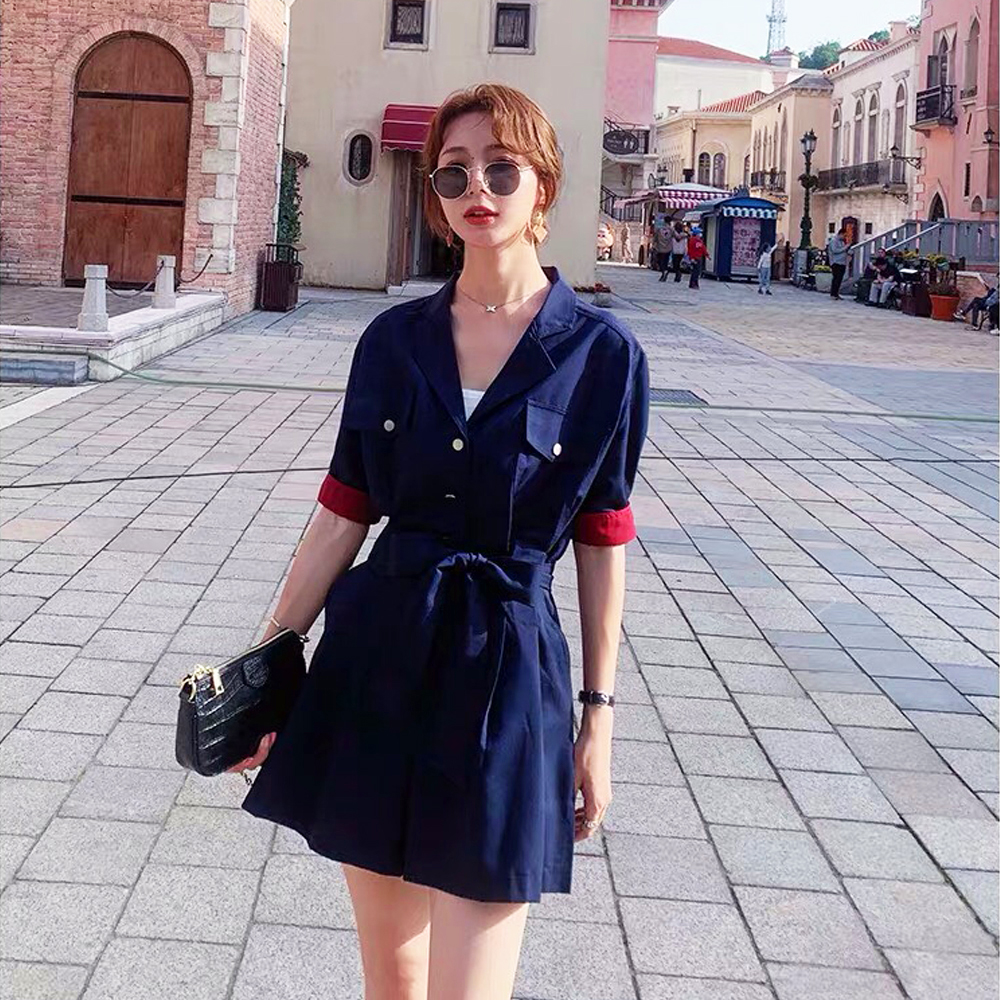 Jumpsuit Ngắn Cổ Vest Tay Phối Màu