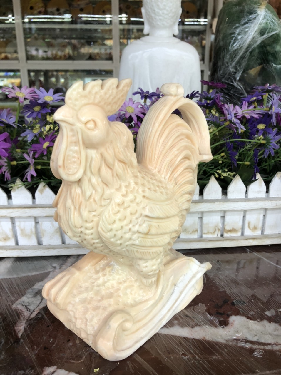 Tượng con gà phong thủy đá cẩm thạch vàng cà rốt trang trí bàn làm việc - Cao 20cm