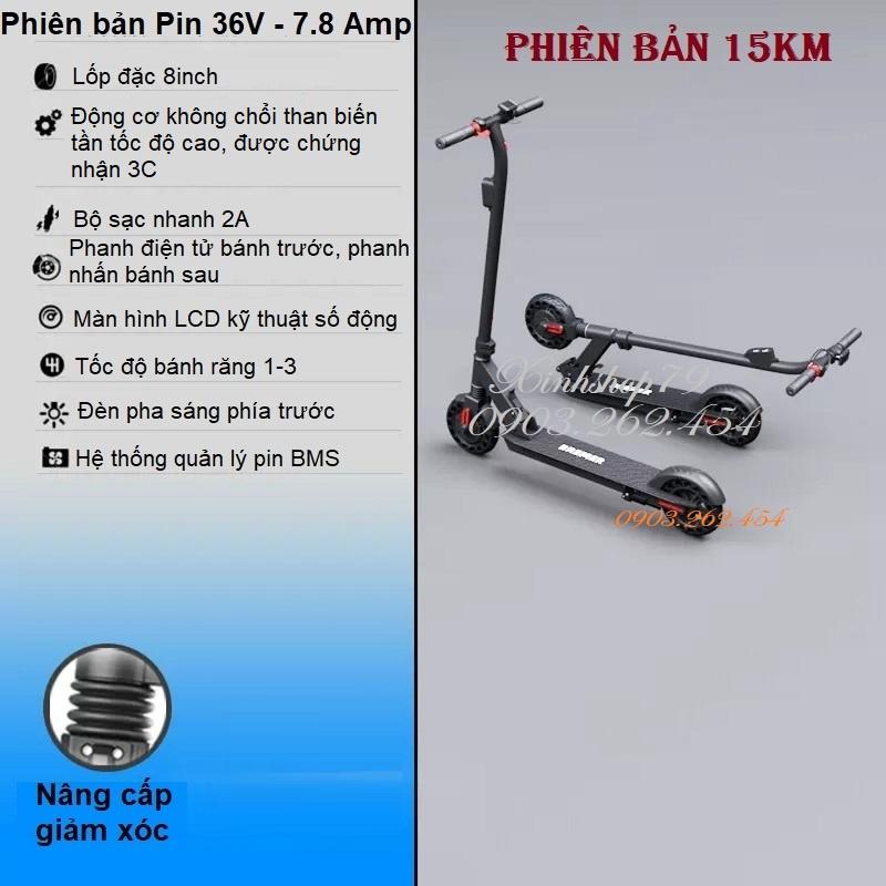 Xe scooter điện BREMER gấp gọn, pin 36v, sạc nhanh 2A, phanh điện tử, lốp đặc tổ ong độc quyền, giảm sóc nâng cấp