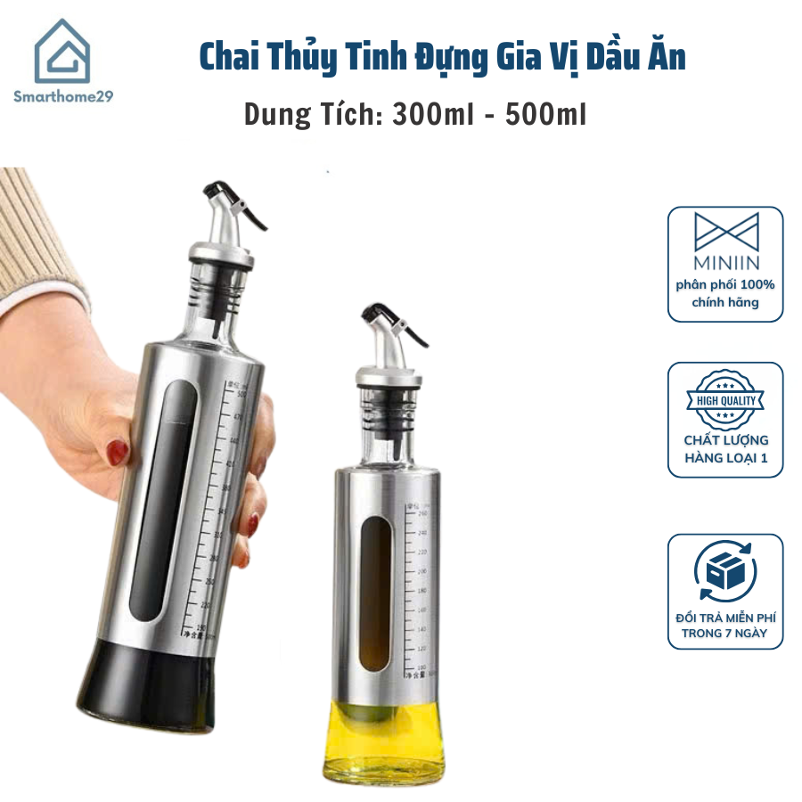 Chai Thủy Tinh Đựng Gia Vị Dầu Ăn 300ml - 500ml, Bình Đựng Nước Mắm Inox Cao Cấp Tiện Ích