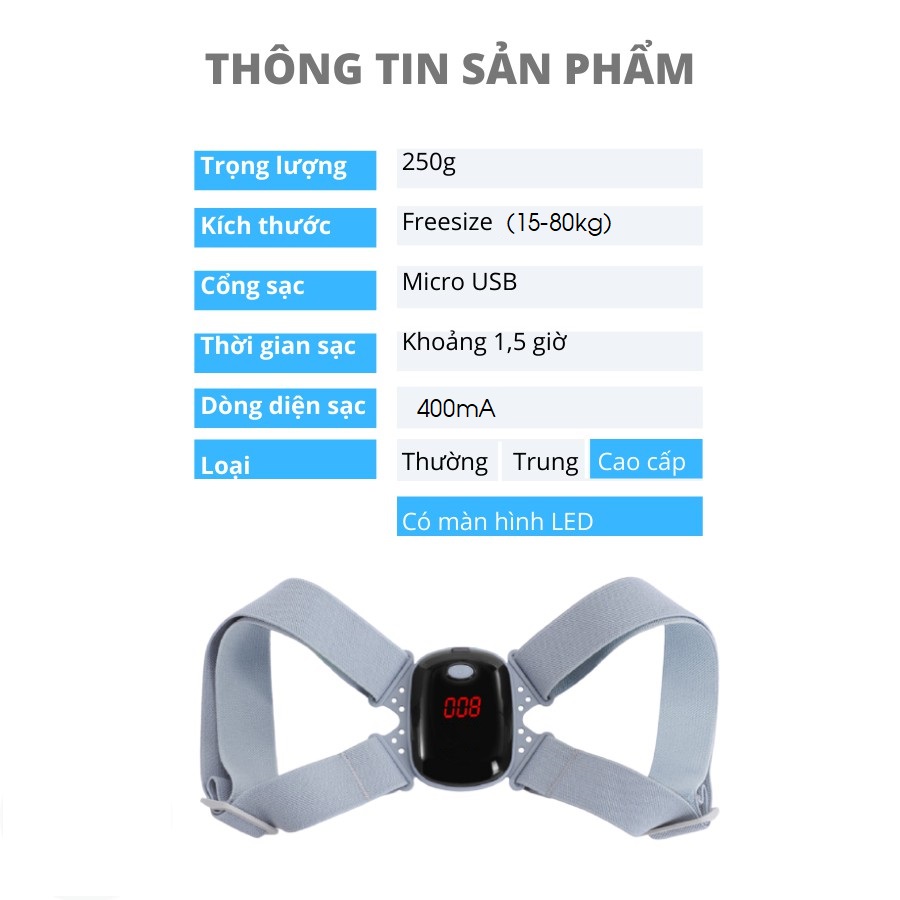 Đai chống gù lưng thông minh cho trẻ em, điều chỉnh tư thế ngồi với màn hình LCD, pin sạc 400mA