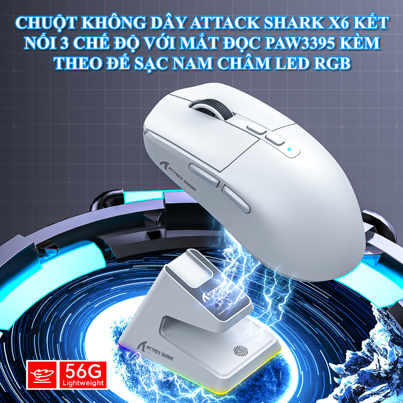 Chuột không dây ATTACK SHARK X6 kết nối 3 chế độ sử dụng mắt đọc PAW3395 kèm theo đế sạc nam châm đèn led RGB - Hàng Chính Hãng