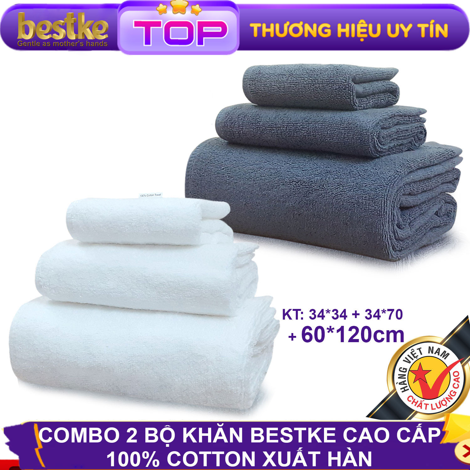 COMBO 02 Bộ 6 Khăn Bestke Cao Cấp 100% Cotton Siêu Thấm hút Nước , Xuất Khẩu Hàn Quốc, Màu Trắng+Xanh đậm