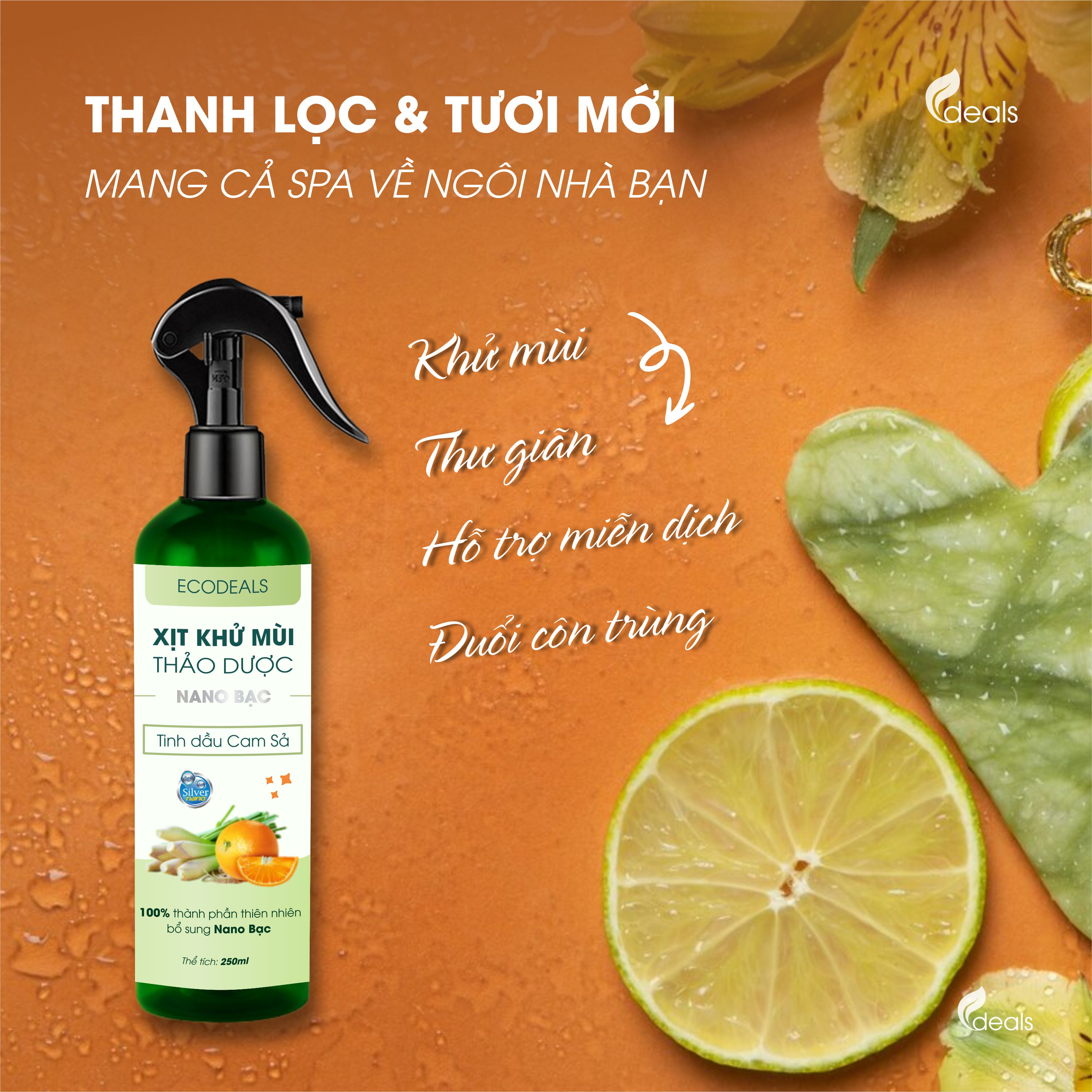 Xịt Khử mùi Kháng khuẩn thảo dược công nghệ Nano Bạc ECODEALS - Tinh dầu Cam Sả