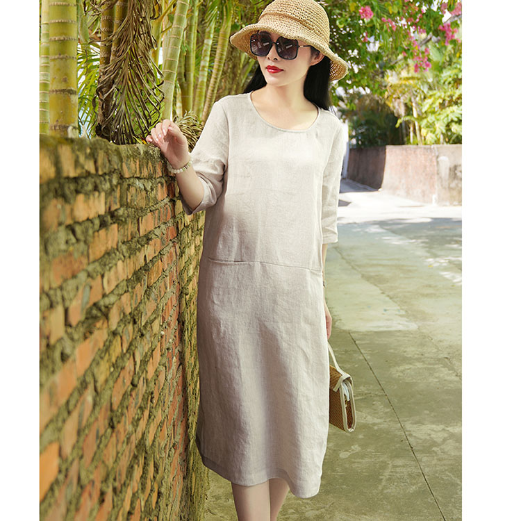 Đầm suông linen tay lỡ 2 túi bổ trước ArcticHunter, chất vải linen mềm mát, thời trang xuân hè 2021