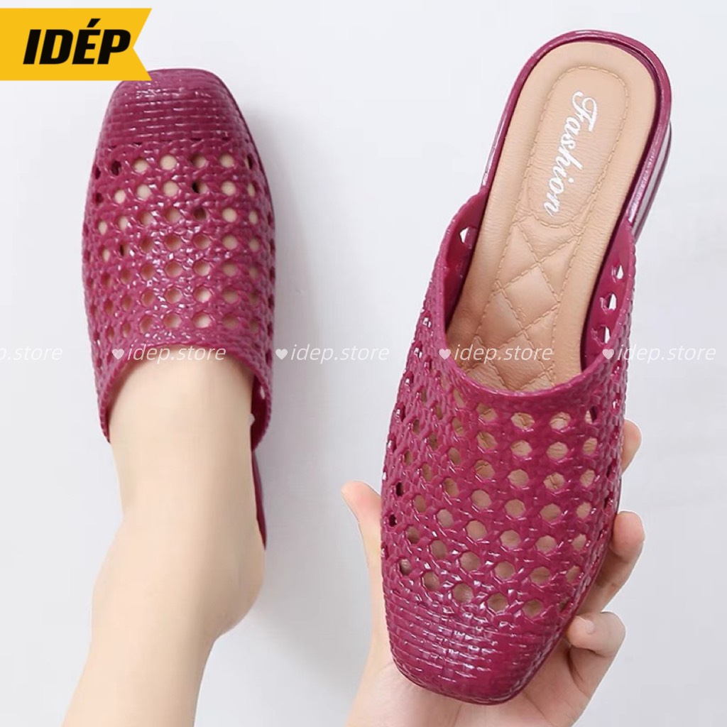 Dép sục nhựa dẻo lỗ đi mưa nữ đế vuông cao 4cm cao su êm chân chống trơn iDÉP S069