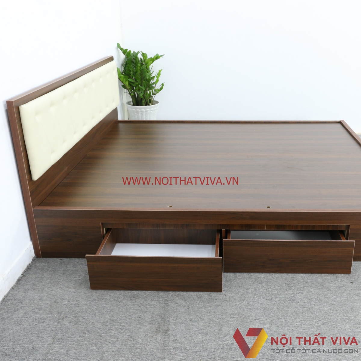Giường Ngủ Gỗ MDF Melamine Màu Nâu Có Ngăn Kéo + Đầu Nệm Kem Đẹp