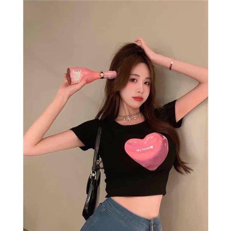 Áo Croptop nữ in hình trái tim hồng