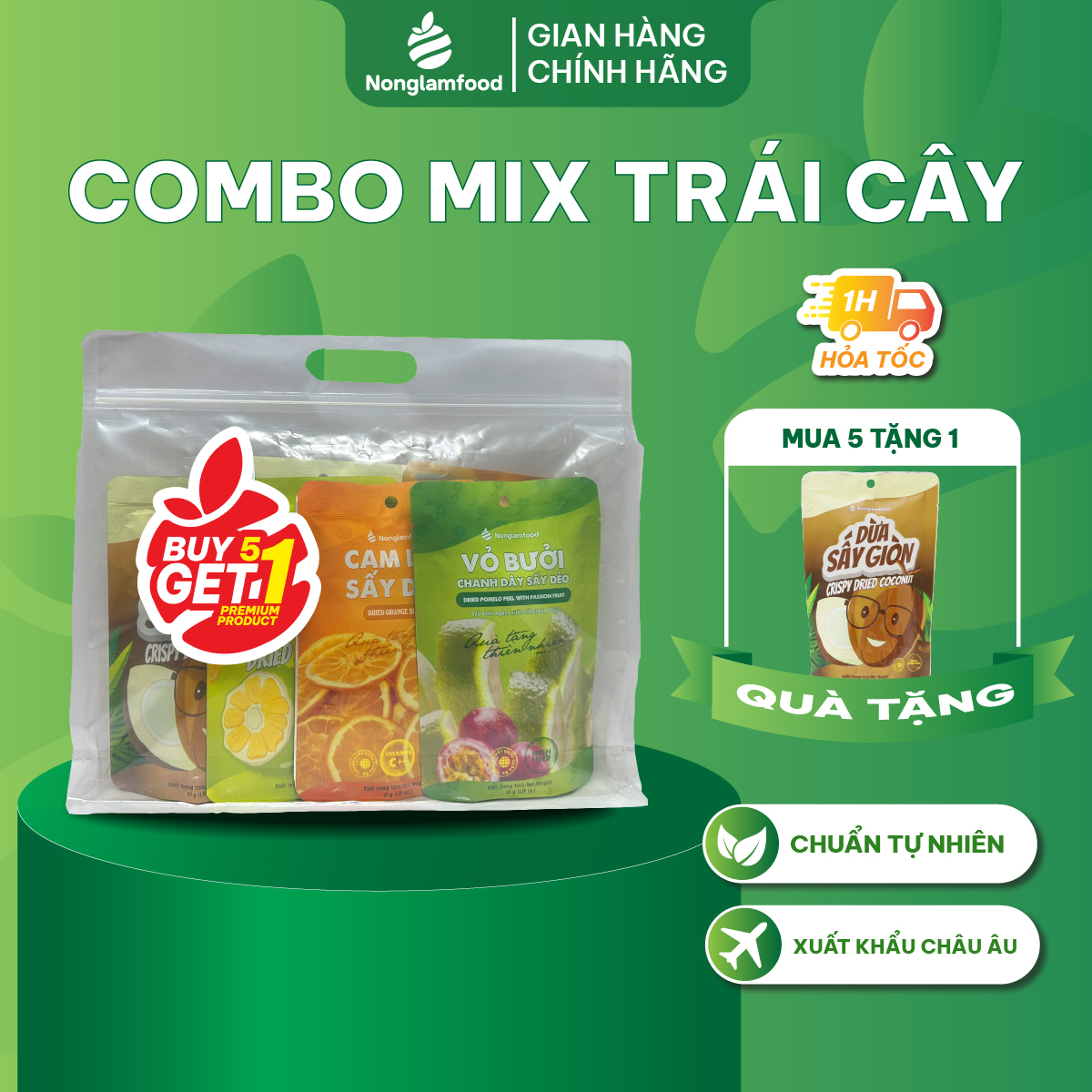 [Mua 5 tặng 1] Combo 5 túi trái cây các loại NonglamFood 45g