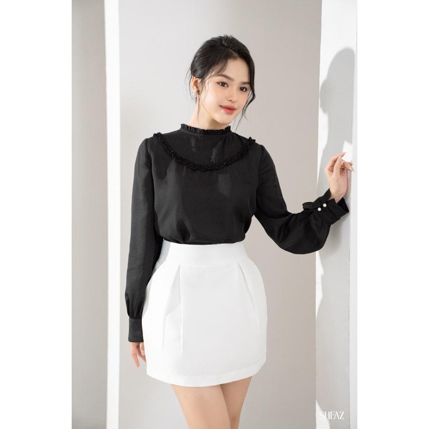 SHEAZ Áo sơ mi chiffon đen cao cấp dày dặn tay dài bèo ngực phong cách Hàn quốc