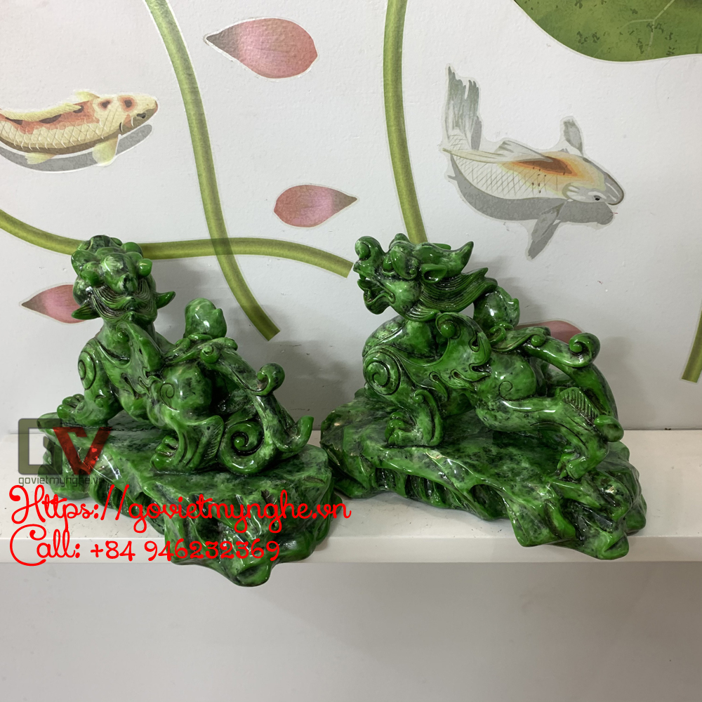 Cặp 2 Tượng Đá Trang Trí Tỳ Hưu Phong Thủy - Dài 20cm x Cao 15cm - Màu Xanh Lục Bích