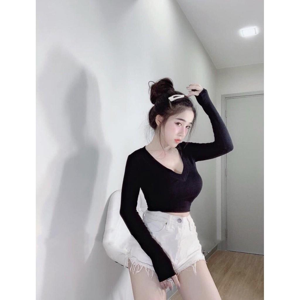 Áo croptop cổ tim ❤️ tay dài Basic JOY BABE  thun xịn đường may tỉ mỉ Forever 21 ⚡ cổ chữ V áo kiểu hot girl CROD 2 -2E