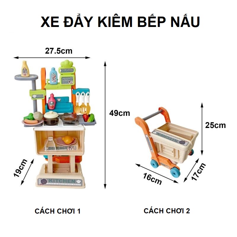 Đồ chơi xe đẩy siêu thị kiêm bếp 19 món cho bé đóng vai đi mua hàng và nấu ăn, quà tặng sinh nhật cho bé