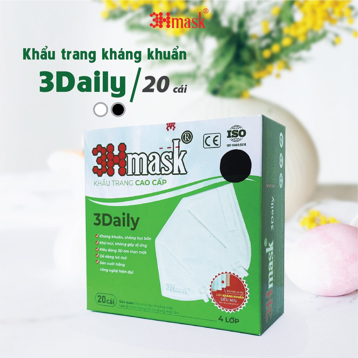 [Thùng 30 hộp] Khẩu Trang 3Hmask 3Daily Quai Tròn Đen (20 cái x 30 hộp)