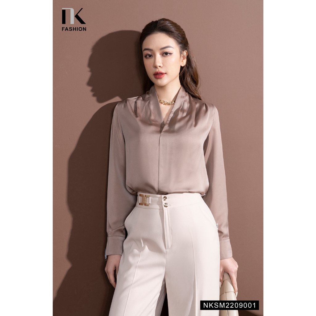 Áo Sơ Mi Dài Tay Thiết Kế Cổ V Vải Lụa Cao Cấp NK FASHION Kiểu Dáng Thanh Lịch Phù Hợp Công Sở Dự Tiệc NKSM2209001