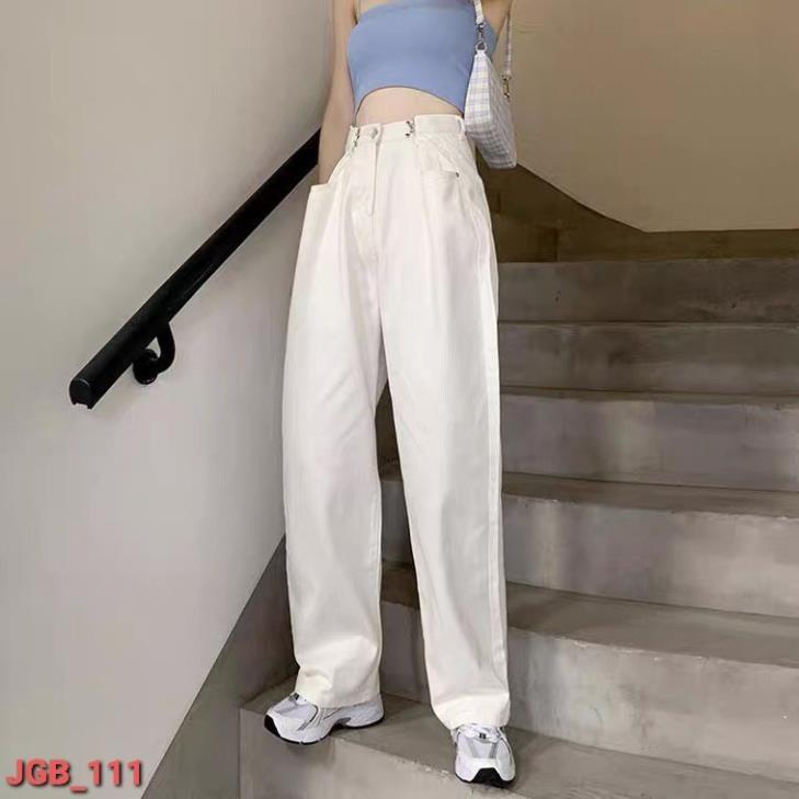 Quần jean nữ FLAKY SHOP cao cấp - Quần jean ống rộng dáng suông kèm khuy cài điều chỉnh eo (có sẵn)