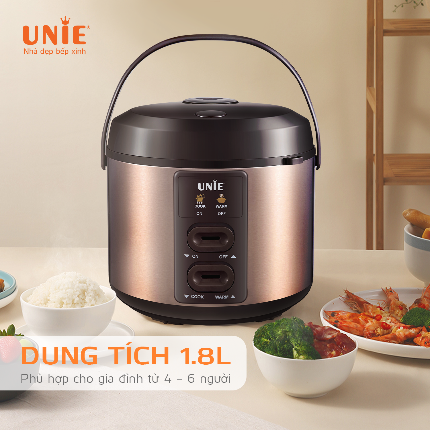 Nồi Cơm Điện UNIE UE-626 Công Nghệ Đức Đế Nồi 60 Độ Giúp Nấu Cơm Nhanh Và Ngon Hơn Công Suất 700W Dung Tích 1.8L Đủ Cho 6 Người - Hàng Chính Hãng