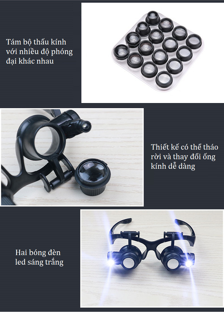 Kính lúp đeo mắt phóng đại 2,5X - 25X tích hợp đèn led trợ sáng, chuyên dụng đọc sách, sửa chữa điện tử