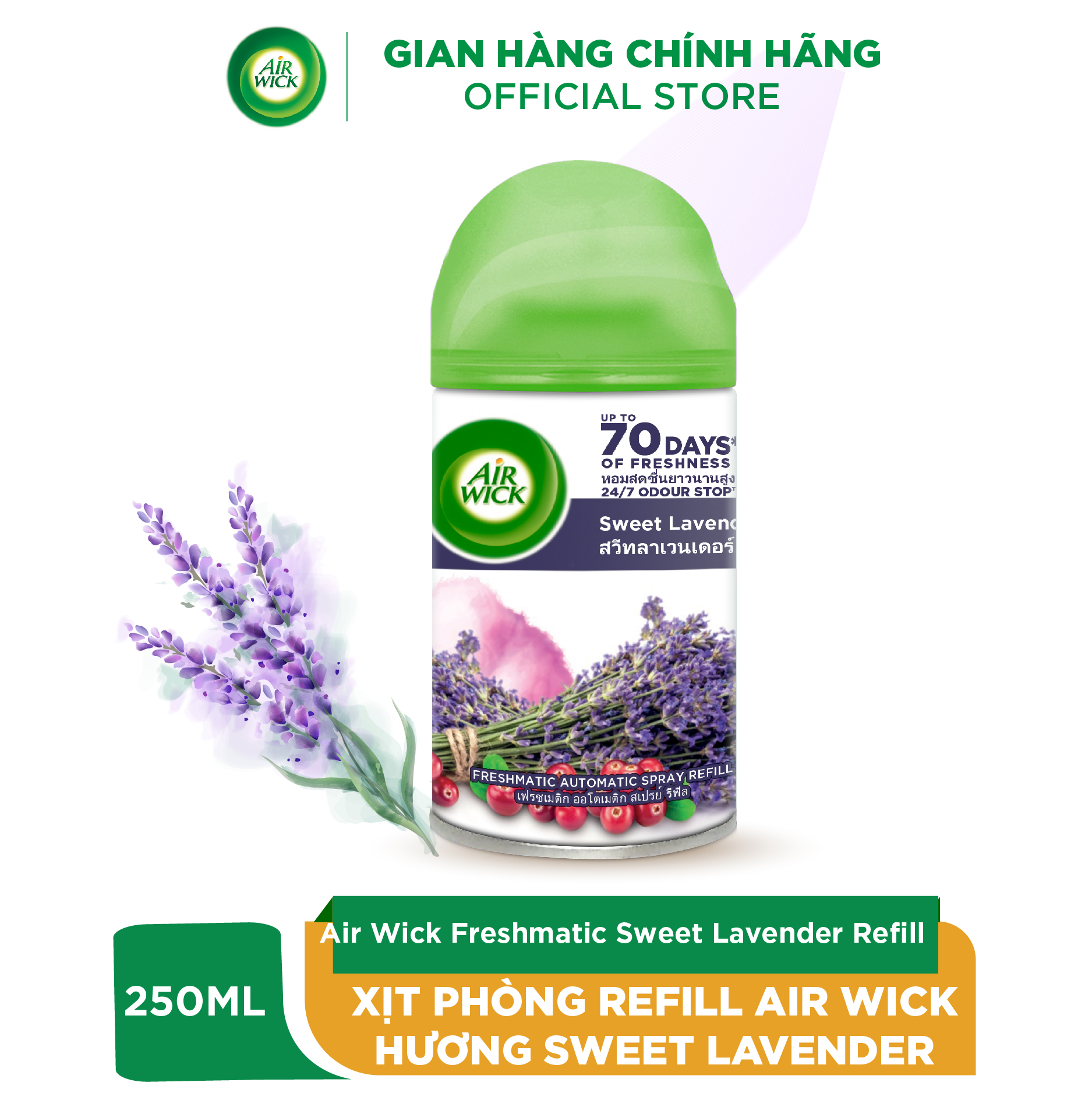 Lõi xịt phòng tự động AIRWICK, Anh Quốc, lan tỏa hương thơm tức thì, tinh dầu thiên nhiên, sử dụng lên tới 70 ngày 250ml