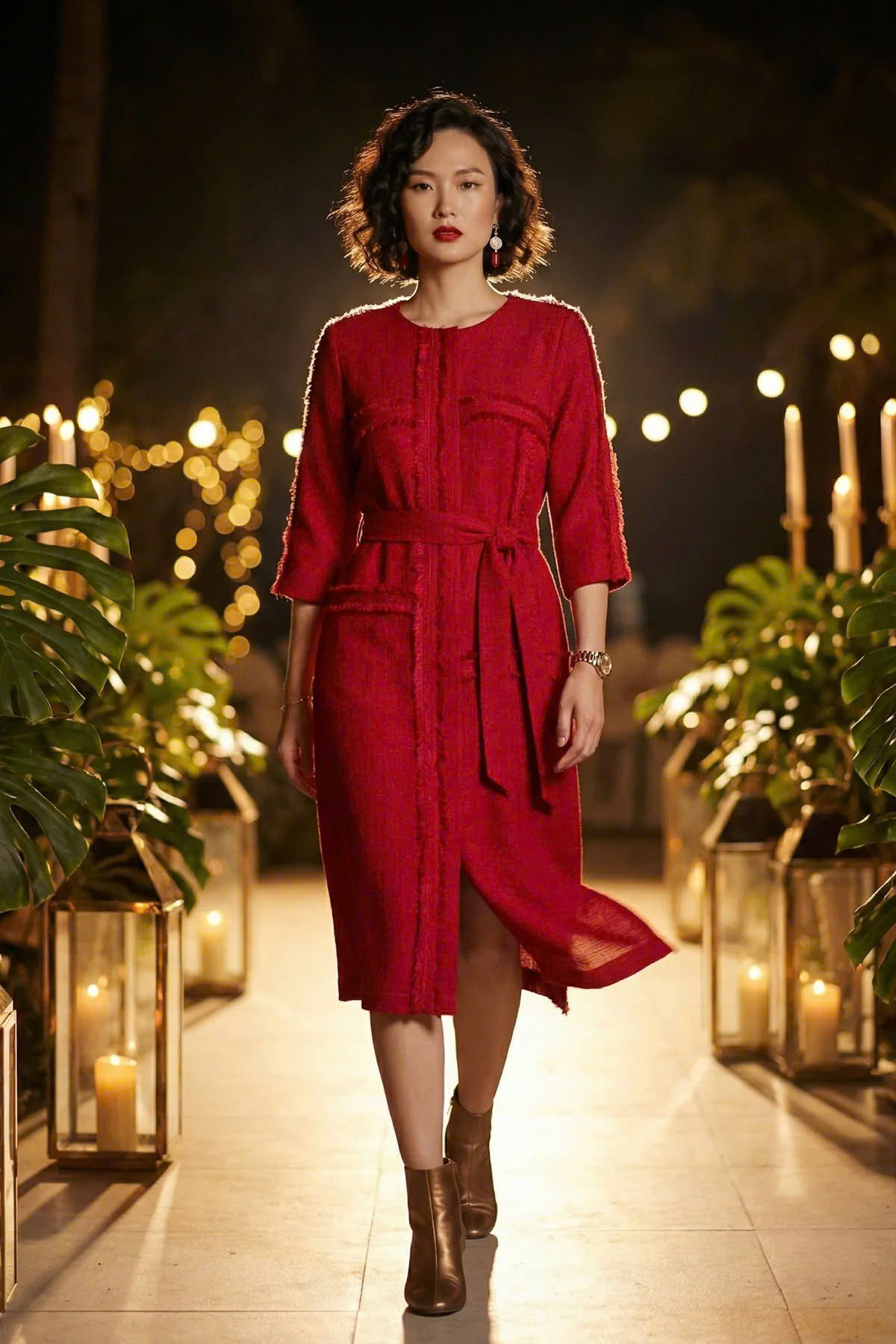 Đầm Suông Tua Rua Tweed Đỏ, Đầm Suông Thắt Eo Thanh Minh thời trang thiết kế Hity Dre201