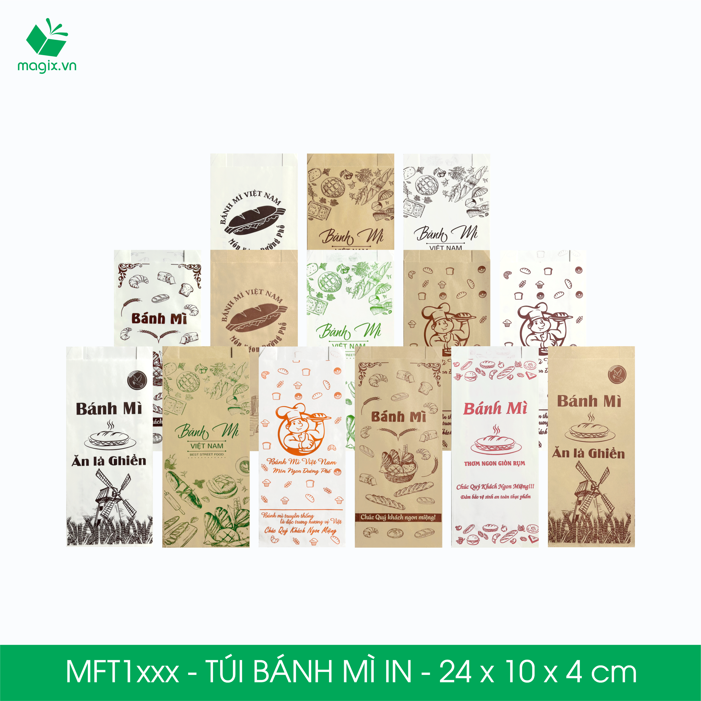 Combo 100 Túi bánh mì in - 24x10x4 cm - In sẵn họa tiết nhiều mẫu - Bao bánh mì Túi giấy thực phẩm an toàn