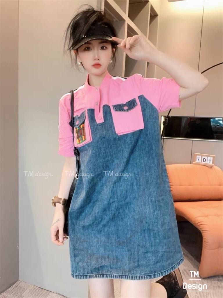 VÁY ĐI CHƠI, VÁY SUÔNG SƠ MI PHA BÒ HỒNG TÚI NẤP CỰC HOT