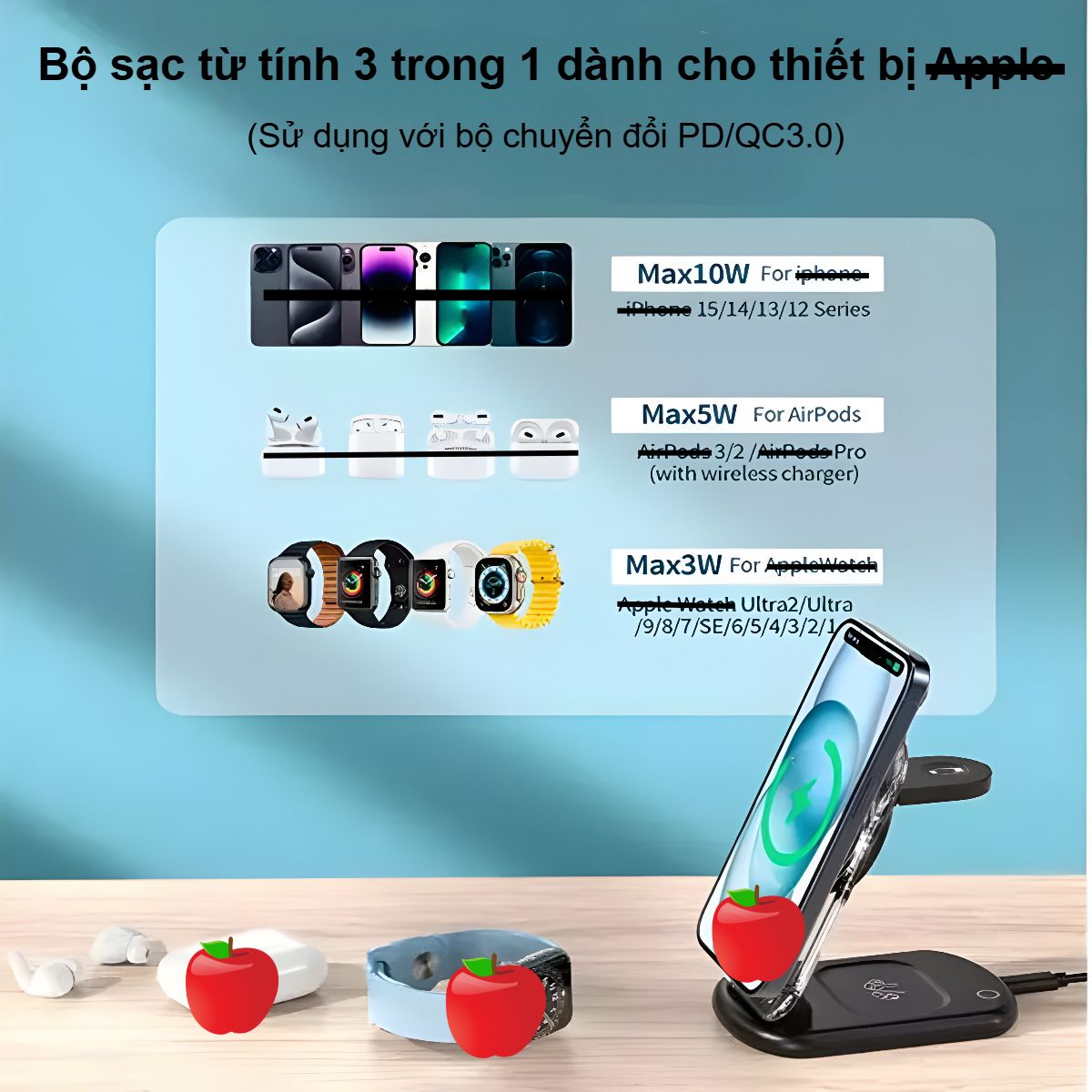 Đế sạc không dây Magnetic 3 in 1 xếp gọn 15W Choetech T618 trong suốt có đèn - Hàng chính hãng