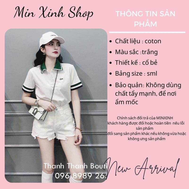 Hình ảnh Áo polo nữ ngắn tay màu trắng phối cổ xanh cho nữ chất vải co dãn 4 chiều lên phom tôn dáng